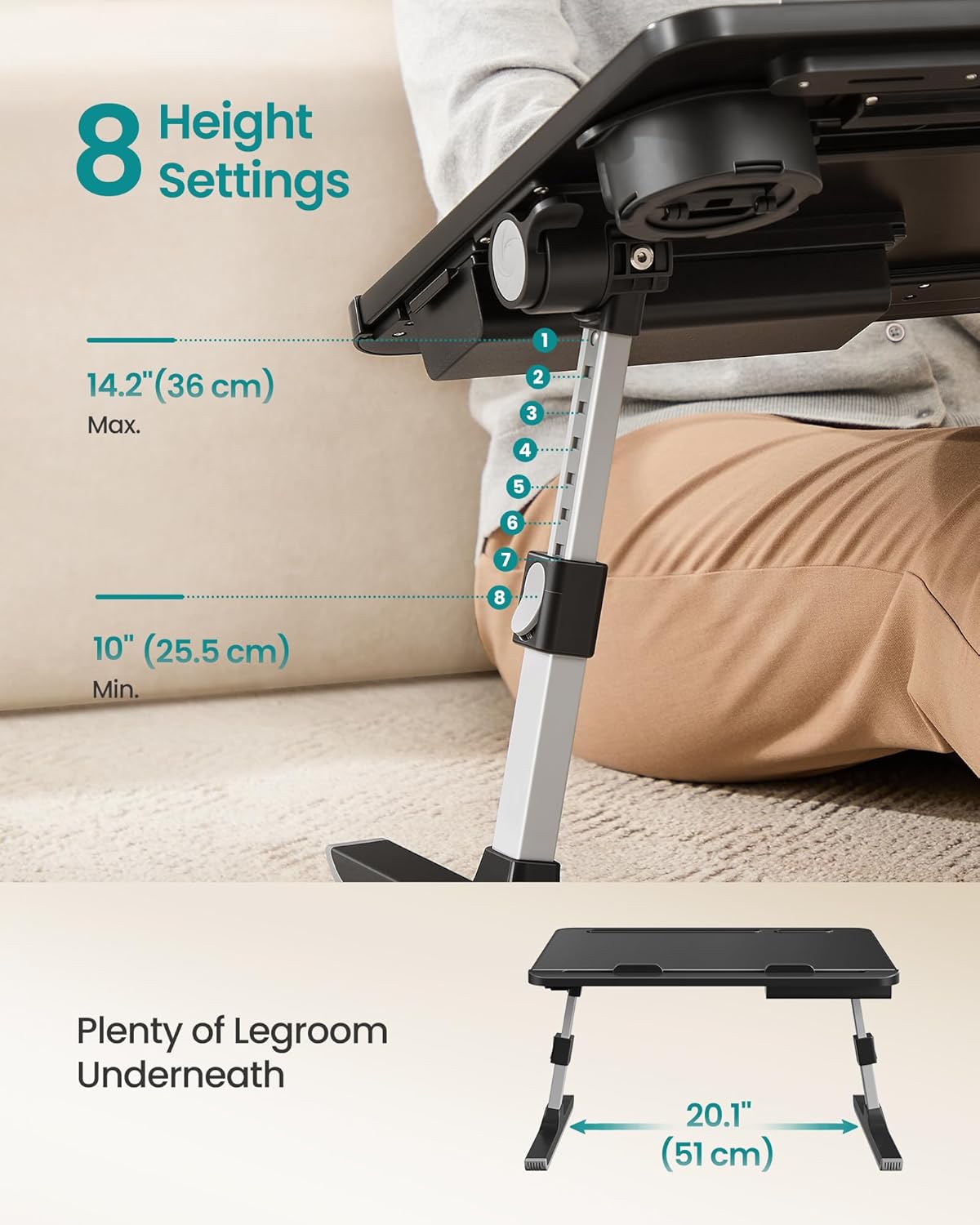 SONGMICS Bed Laptop Desk, Foldable Bed Desk for Laptop, 56 x 40 cm Large Desktop, 120° Stepless Tilt, Adjustable Height, Cup Holder, Tray, Portable Sofa Table, Ink Black ULLD113BC01