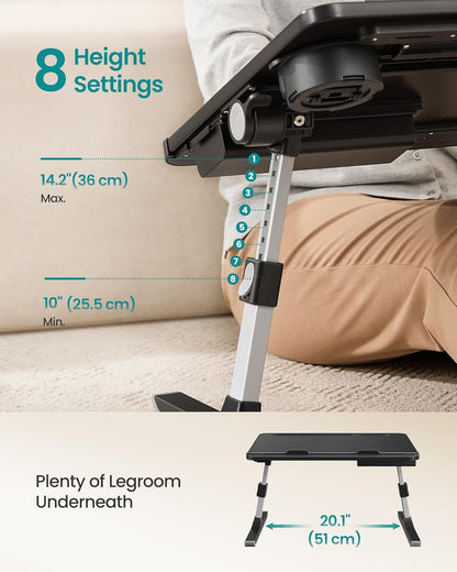 SONGMICS Bed Laptop Desk, Foldable Bed Desk for Laptop, 56 x 40 cm Large Desktop, 120° Stepless Tilt, Adjustable Height, Cup Holder, Tray, Portable Sofa Table, Ink Black ULLD113BC01