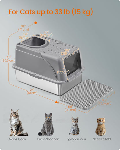 Feandrea Stainless Steel Cat Litter Box with Flip Lid, XL Enclosed Litter Box for Cats up to 15 kg, with Leak-Proof Design, Scoop, Brush, Dual Entry, Cappuccino Beige UPPT005K01