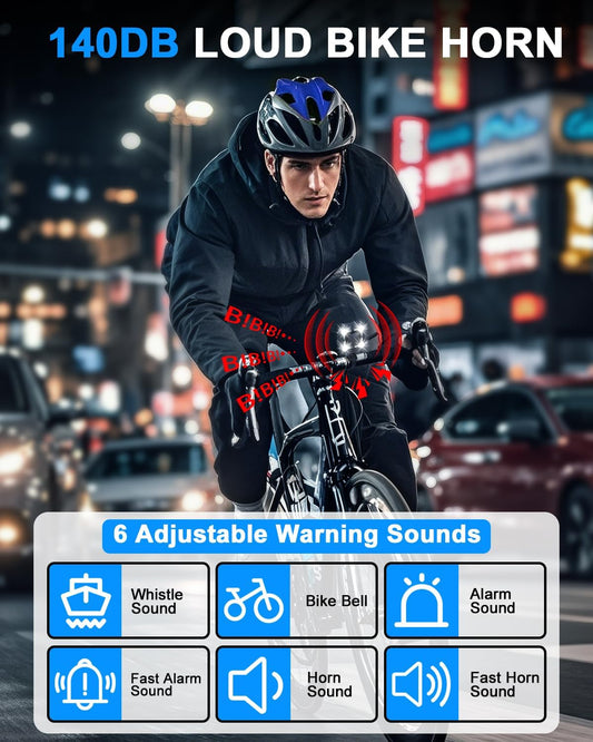 EQIIO 140dB Electric Bike Horn with Headlight, 2 in 1 Bicycle Horn 6 Sound Modes USB-C Rechargeable, Bike Bell with Large Range Floodlight Bike Horn for Adults Kids Bike Scooter Ebike, IPX6 Waterproof - PuriLite