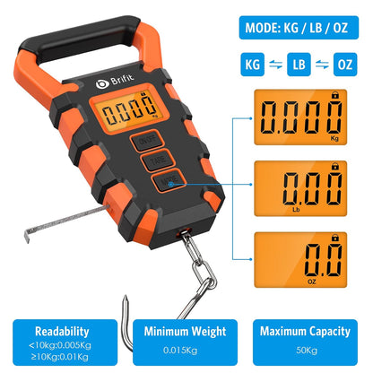 Upgraded Digital Fishing Scale with Ruler, 15g/50kg Electronic Digital Luggage Scale, 110lb Max Fishing Postal Hanging Hook Scale with Measuring Tape, Backlit LCD Display (Batteries Included)