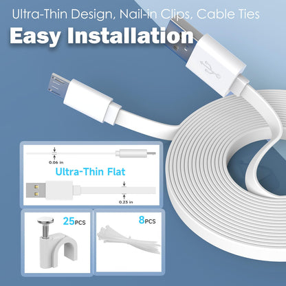 ANLINK 2-Pack 30ft Flat Micro USB Cable | 9M USB to Micro USB Charging & Data Sync Cable | White | Compatible with Security Cameras & Micro USB Devices