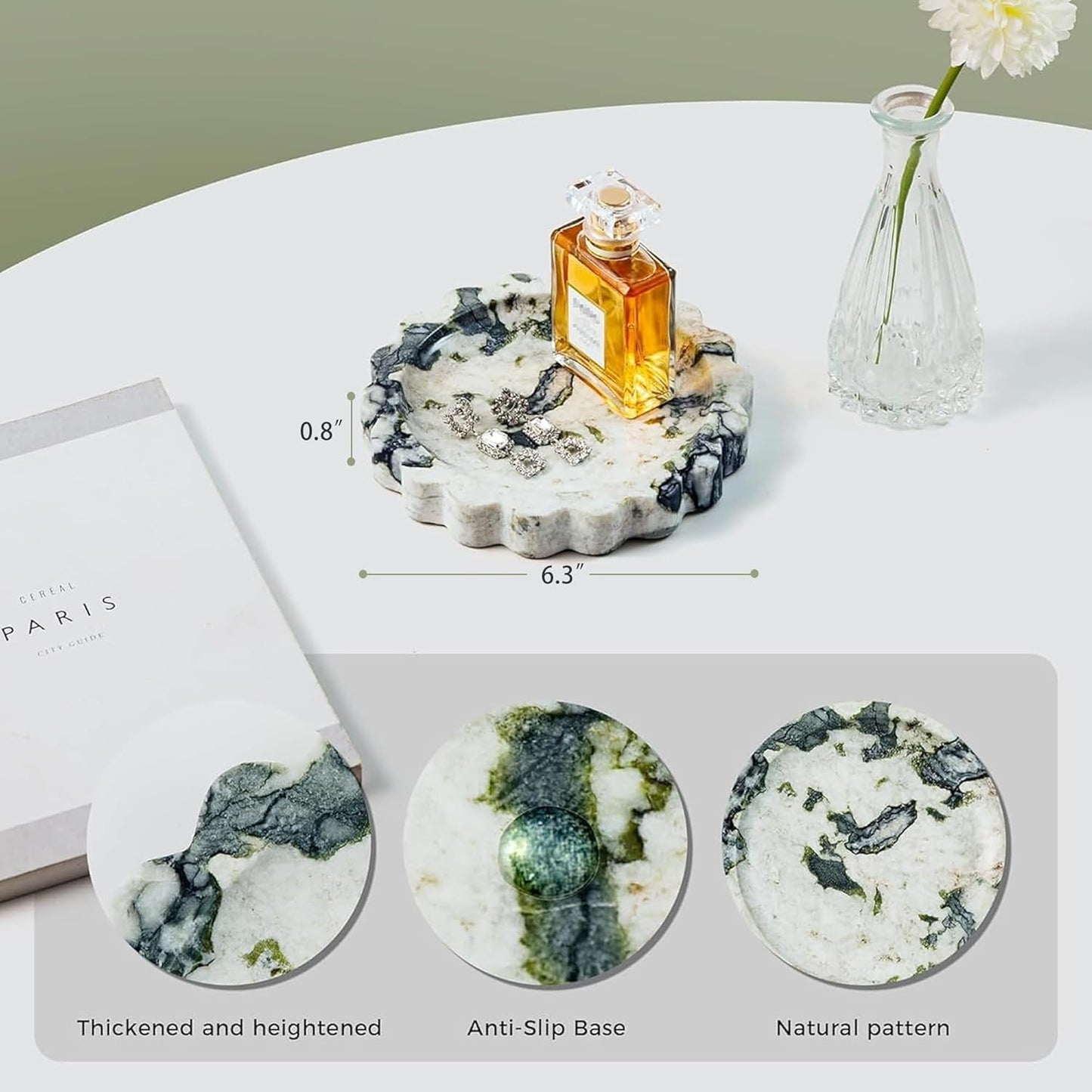 WORHE Marble Vanity Tray Natural Small Scalloped Round Stone Trays for Candle Trinket Calacatta Viola Jewelry Plate for Bathroom,Bedroom,Dresser Ring Dish Holder for Home Decor WarmHouse Gifts(WH049)