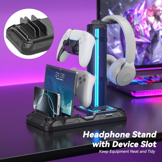 RGB Headset Stand with Phone Holder and Controller Storage | Rotating Headphone Hanger with Wireless Charging & USB Ports - PuriLite