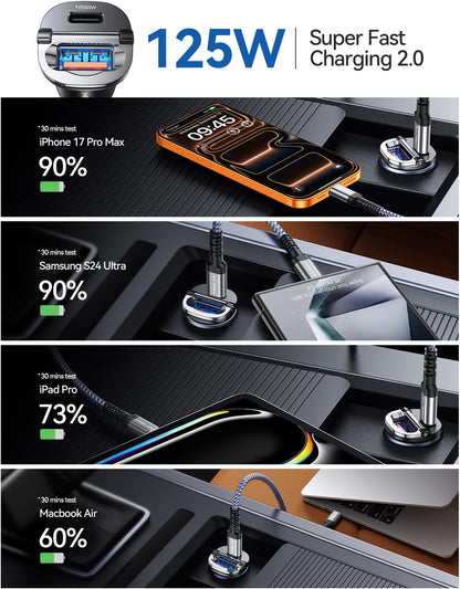 【Upgraded】 125W Car Charger USB C Super Fast Charging, [PD65W & QC60W][All Metal] MRGLAS Cigarette Lighter Car Charger, Car Accessories for iPhone 17 16 Pro Max Air iPad Samsung S25 Pixel 10