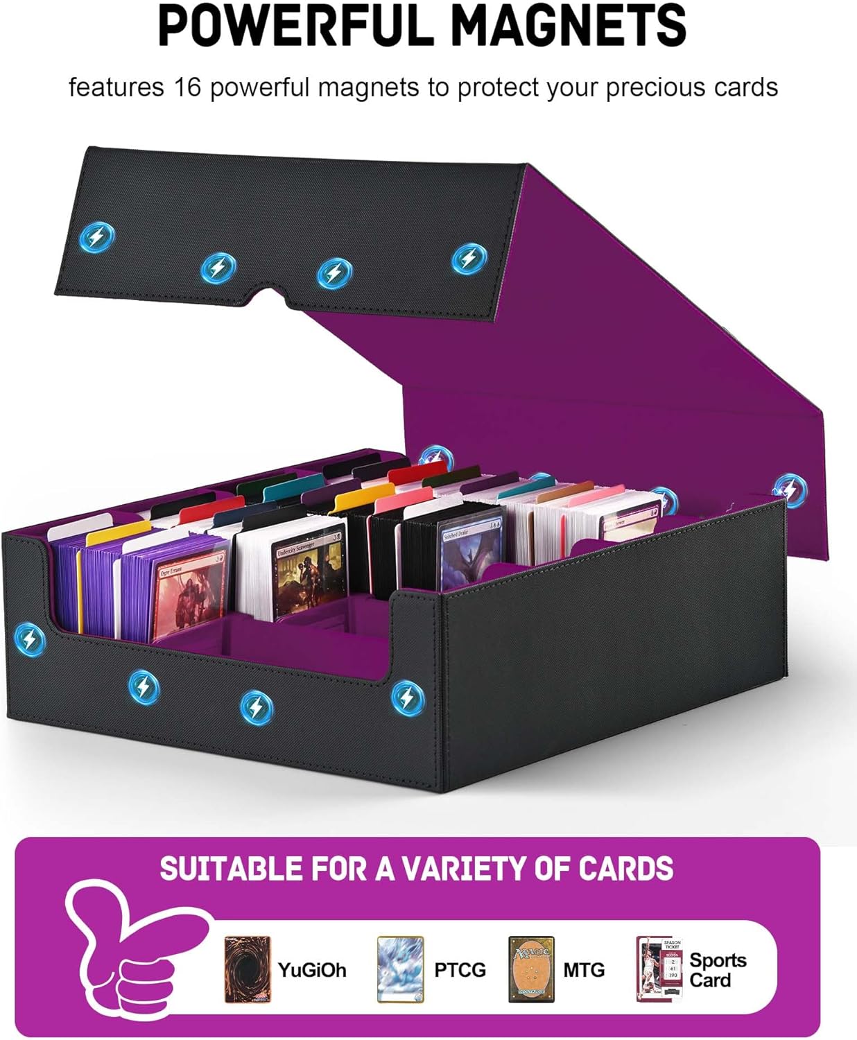 ZLCA Card Storage Box for MTG PTCG, Commander Deck Box Holds 3000+ Cards, Card Storage Case with 4 Stoppers, Card Organizer for TCG Sport Cards (Black)