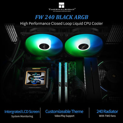 Thermalright FW 360 Black ARGB-360mm AIO CPU Liquid Cooler,IPS LCD Screen with 320 * 240 Resolution,for AM5/Intel LGA1700,‘2.4 inch’Magnet-Absorbent LCD Screen for Images -Black
