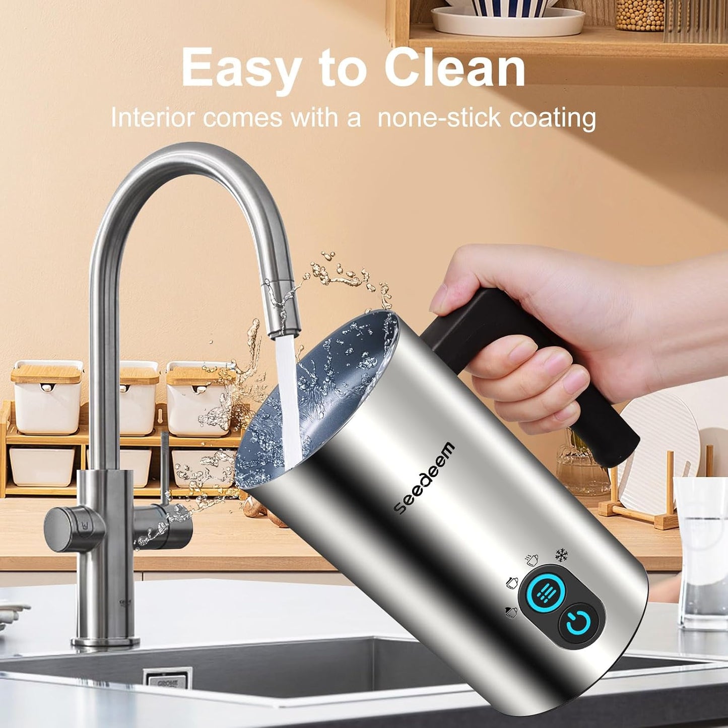 Milk Frother, Seedeem 4-in-1 Electric Milk Steamer, 10.2oz/300ml Automatic Warm and Cold Milk Foamer, Stainless Steel Milk Steamer for Latte, Cappuccinos, Hot Chocolate Milk ……