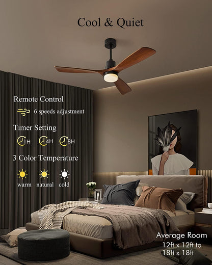 Chriari Ceiling Fans with Lights, 3 Wood Fan Blades, 52" Black Classical Style Fan with Remote Control, Noiseless Reversible DC Motor for Bedroom/Living Room/Study/Porch