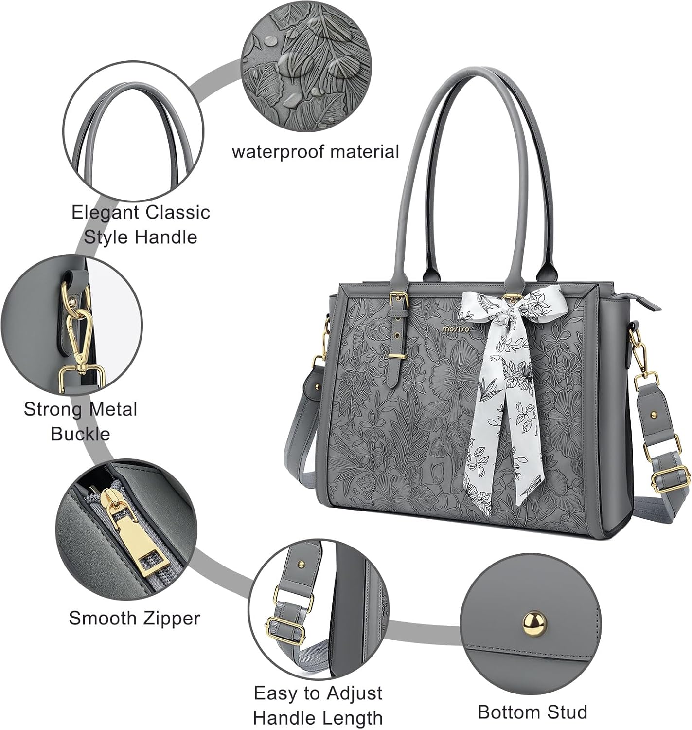 MOSISO Laptop Bag for Women, 17-17.3 inch PU Leathe Tote Bag Compatible with MacBook, HP, Dell, Asus Notebook, Front Embossed Retro Hibiscus Computer Bag with Silk Scarf&Clutch Purse, Gray - PuriLite