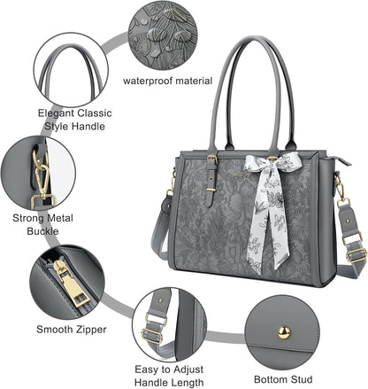 MOSISO Laptop Bag for Women, 17-17.3 inch PU Leathe Tote Bag Compatible with MacBook, HP, Dell, Asus Notebook, Front Embossed Retro Hibiscus Computer Bag with Silk Scarf&Clutch Purse, Gray - PuriLite