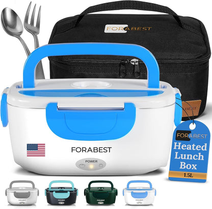 FORABEST Electric Lunch Box Food Heater 80W 1.5L Stainless Steel Heated Lunch Box for Men & Women, Universal 12/24/110/220V Self Heating Lunch Box for Car, Truck & Work, Portable Food Warmer lunch box