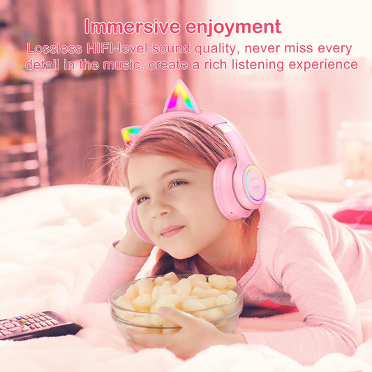 Bluetooth Cat Ear Headphones for Kids & Adults, Wireless Wired Dual Channel, SIMGAL Foldable Over-ear Headsets with RGB Lights, Control Volume & Built-in Mic, For Cell Phones/PC/Tablet/Laptop (A Pink) - PuriLite