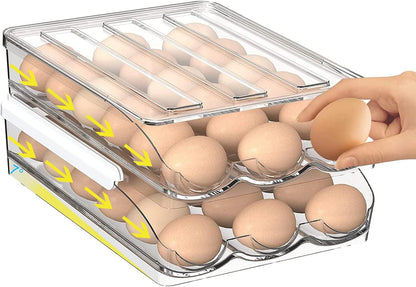 Auto Rolling Egg Storage for Fridge | Stackable Egg Organizer | Refrigerator Egg Holder with Lid | Kitchen Fridge Storage Box | Space Saving Egg Container