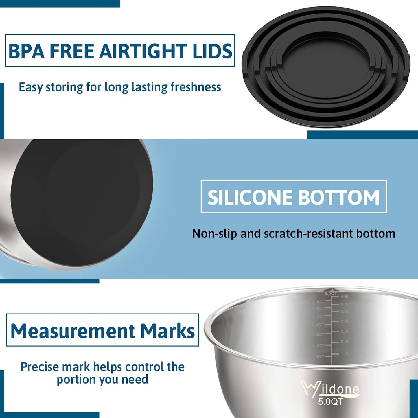 Mixing Bowls Set of 5, Wildone Stainless Steel Nesting Mixing Bowls with Lids, Measurement Lines & Silicone Bottoms, Size 8, 5, 3, 2, 1.5 QT, Non-Slip & Stackable Design, Great for Mixing and Prepping
