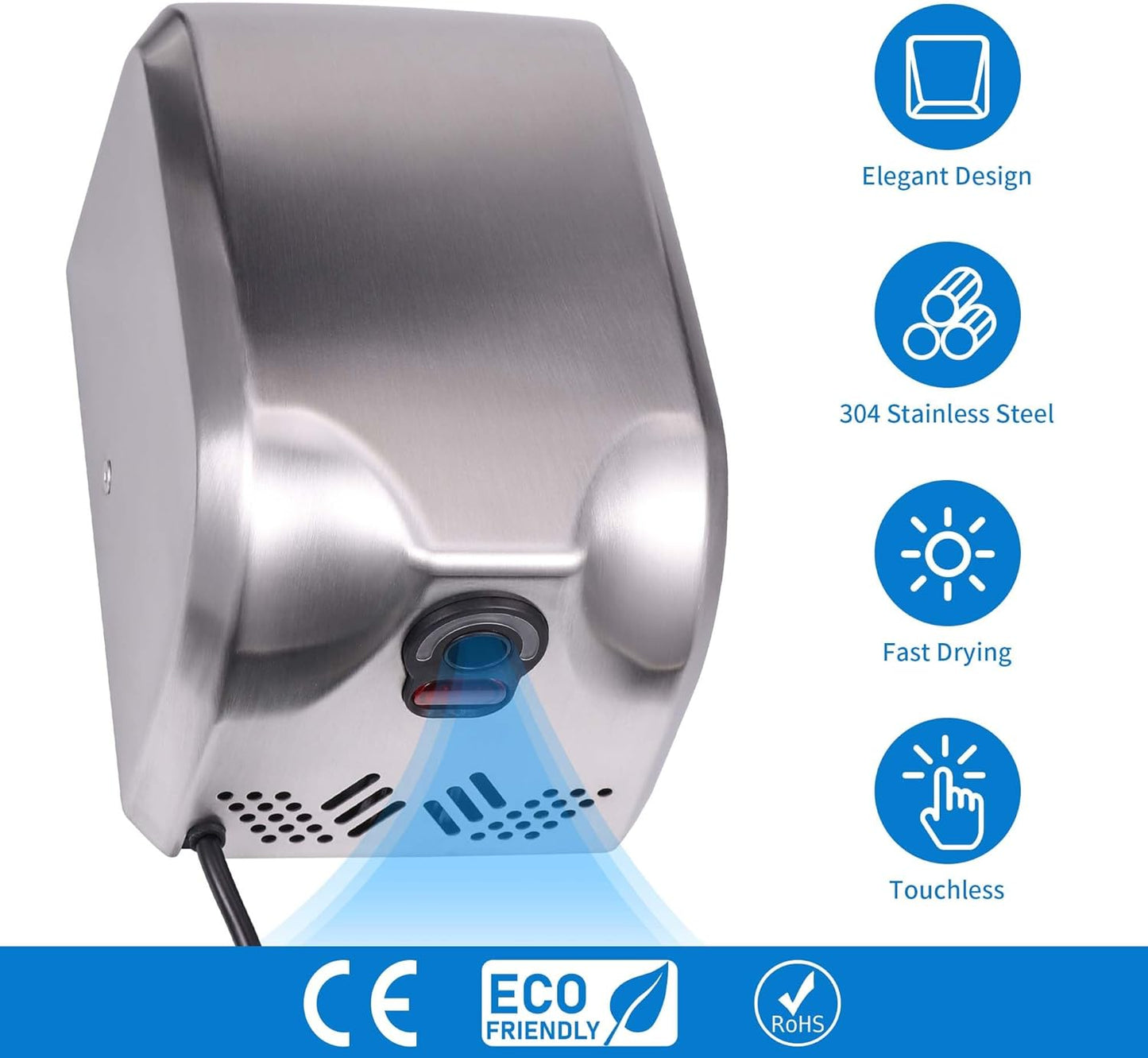 Goetland Stainless Steel Commercial Hand Dryer 1800w Automatic High Speed Heavy Duty Dull Polished