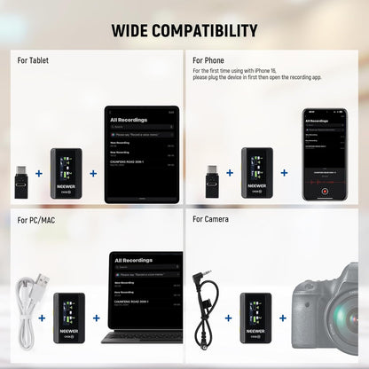 NEEWER CM28 Wireless Lavalier Microphone System with Charging Case, 1 Click Noise Canceling, 4GB Storage for 9Hrs of 48KHz 16 Bit Uncompressed Audio Lapel Mic Compatible with iPhone/Android/PC/Camera