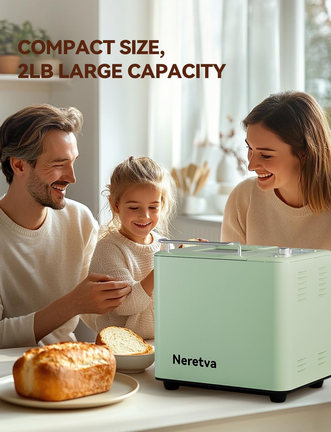 Neretva Bread Maker, 20-in-1 2LB Bread Machine Dual Heater & Nonstick Ceramic Pan Bread Makers Machine All Metal Compact for Gluten Free/Dough Maker/Meat Floss/Jam/Yogurt/Breadmaker Recipe-Light Green