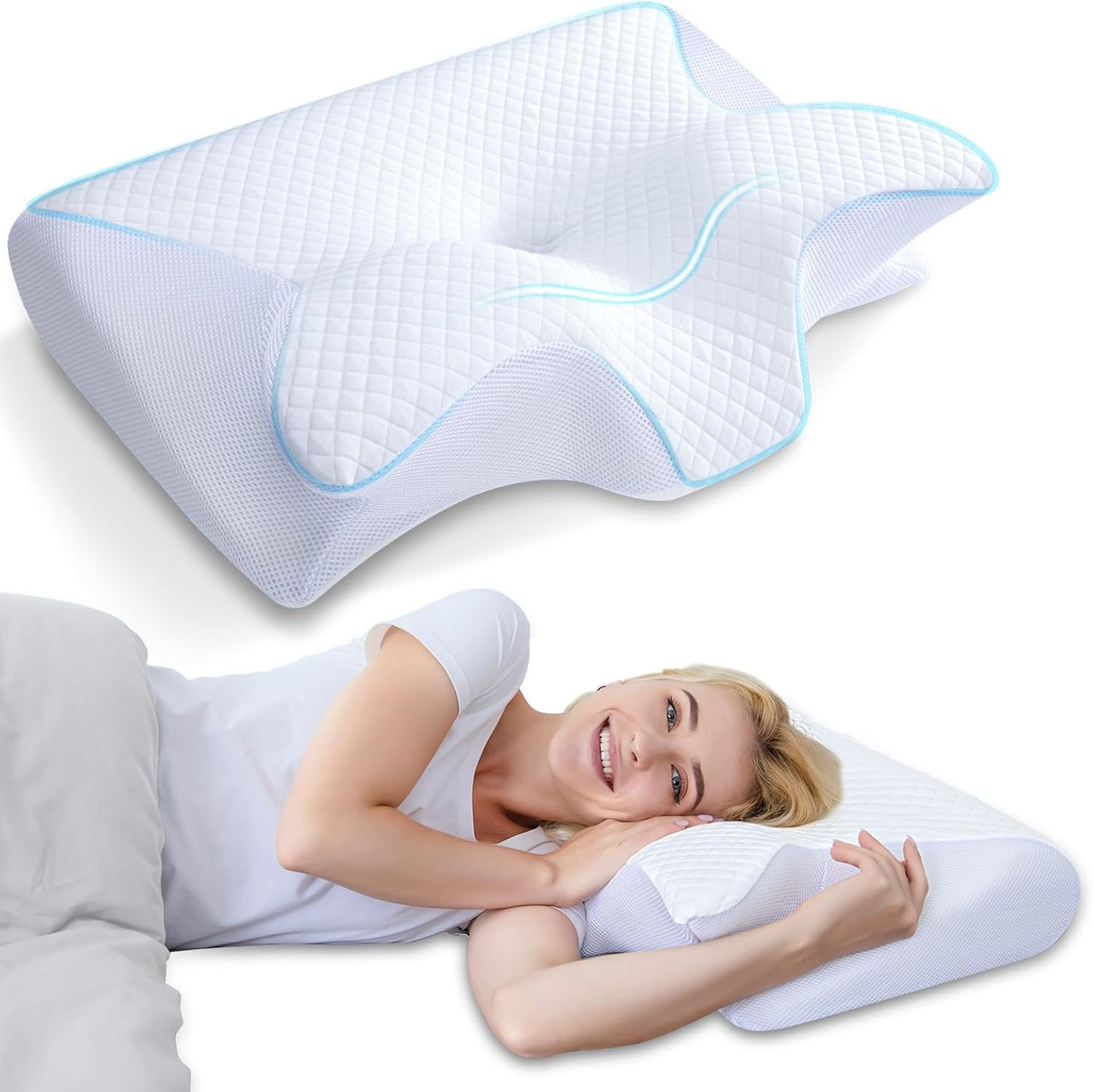 HOMCA Memory Foam Pillow, 2 in 1 Cervical Pillow for Neck Pain Relief, Ergonomic Neck Support Pillows for Side Back Stomach Sleepers with Breathable Pillowcase (Gray)