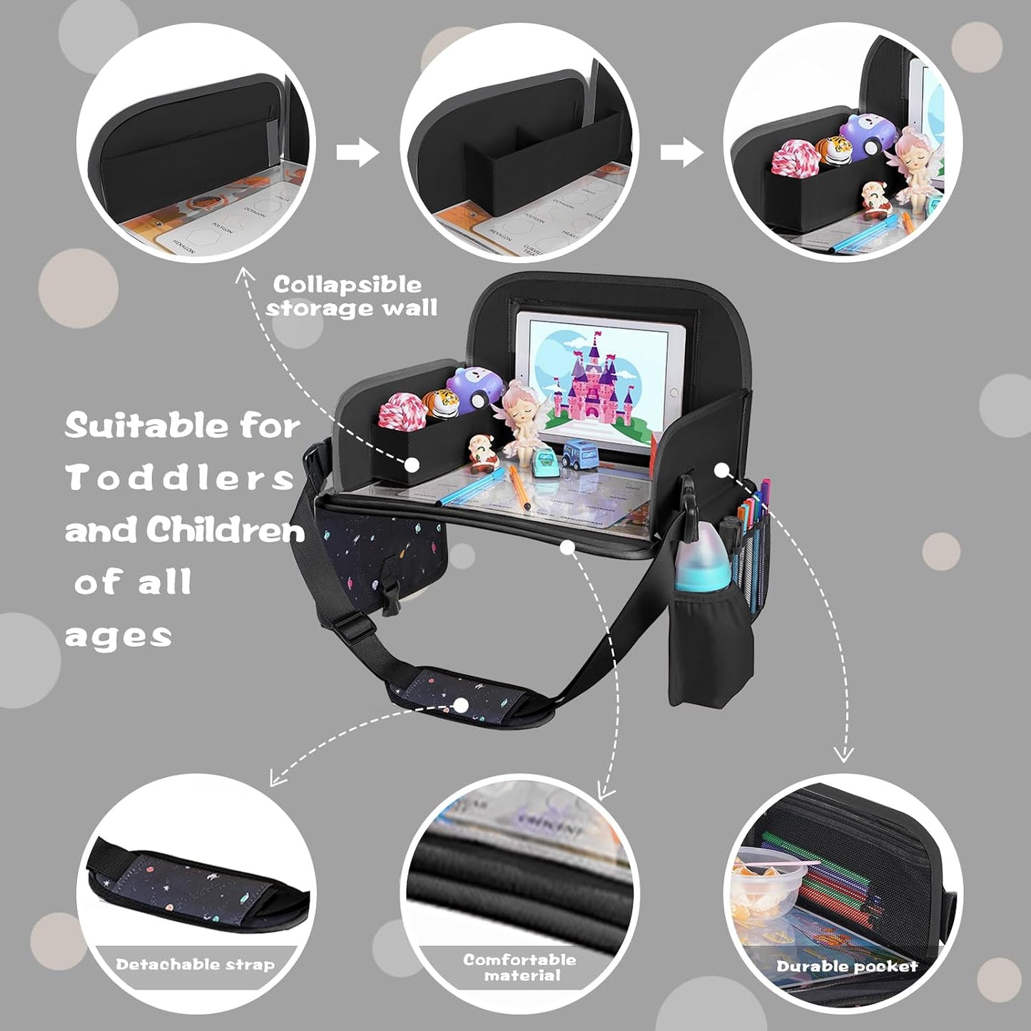 Kids Travel Tray for Car Seat | Portable Lap Desk with Dry Erase Drawing Board, Tablet Holder & Cooler Cup Holder