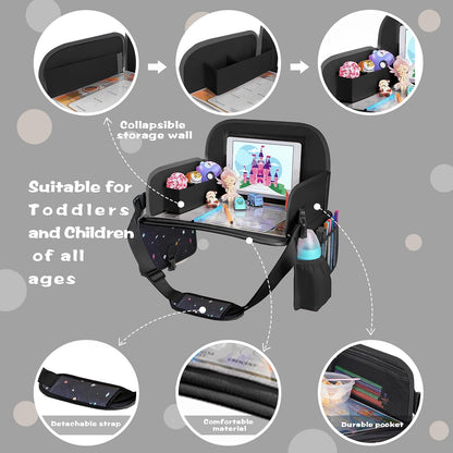 Kids Travel Tray for Car Seat | Portable Lap Desk with Dry Erase Drawing Board, Tablet Holder & Cooler Cup Holder