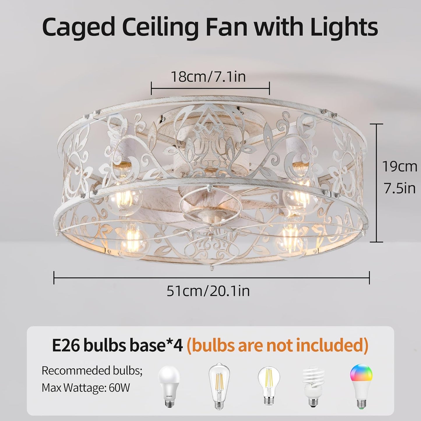 Garwarm Caged Low Profile Ceiling Fan with Lights and Remote, 20in Rustic Flush Mount Small Farmhouse Bladeless Ceiling Fan for Bedroom, Kitchen, Dining Room