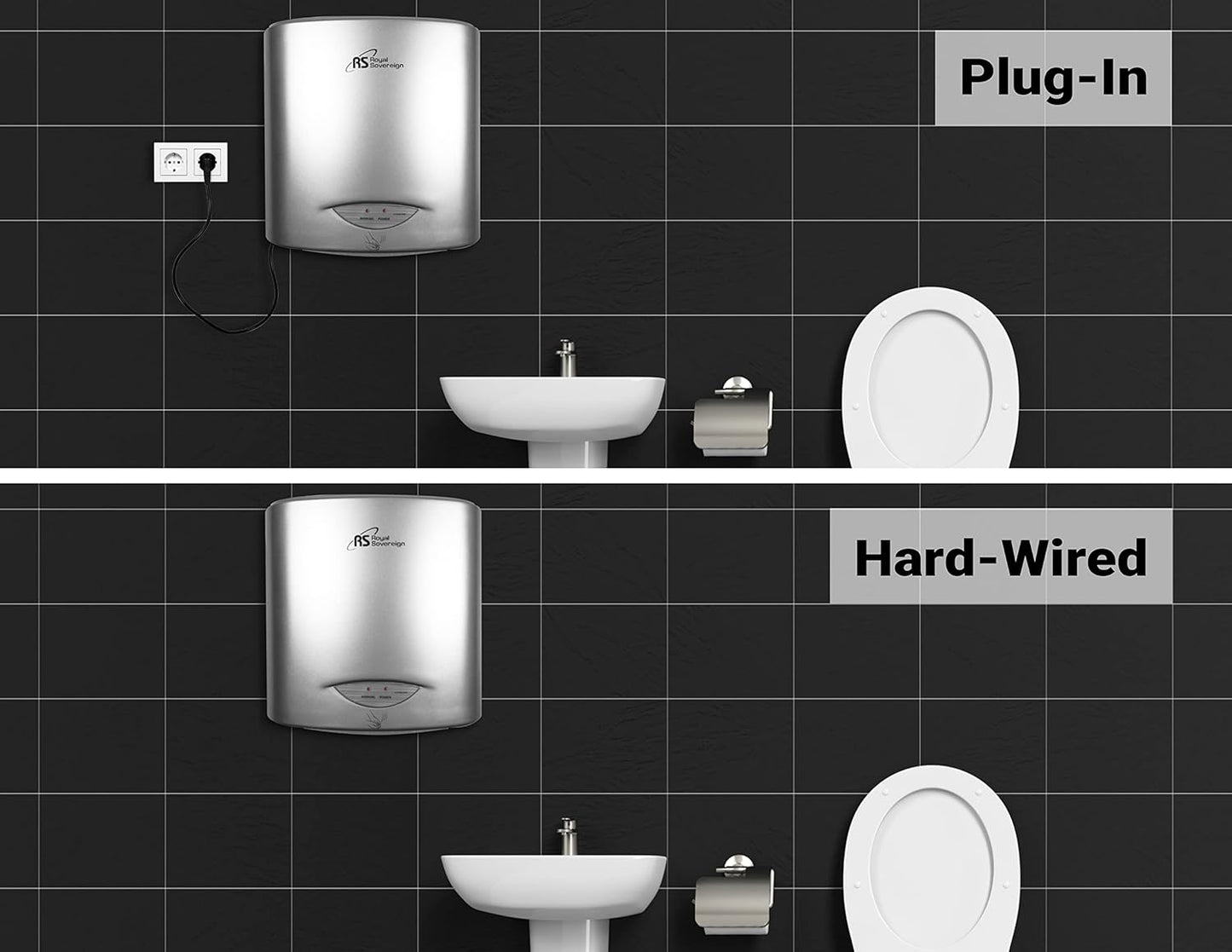 Royal Sovereign Touchless Automatic Hand Dryer, High Efficiency, Dual Plug-in Ready or Hard-Wired Installation Option, Tamper Resistant. (RTHD-421S)