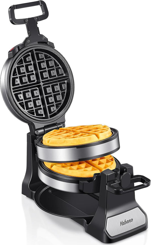 Belgian Waffle Maker with Double Waffle Plate, Yabano Rotating Waffle Iron with Nonstick Plates, Removable Drip Tray and Cool Touch Handles, Gaufrier Belge, Stainless Steel