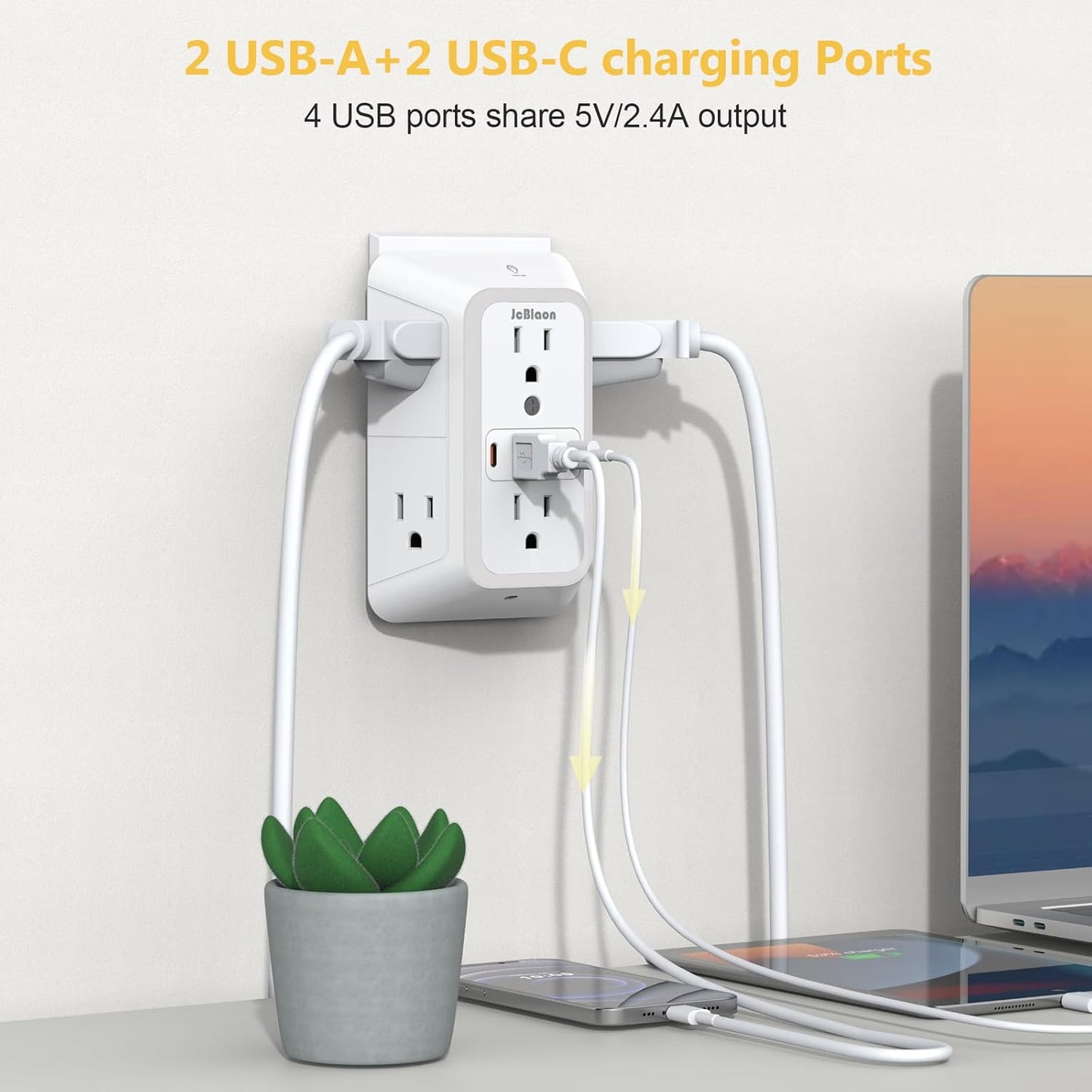 Wall Outlet Extender with Night Light, 6 AC Outlet Splitter and 4 USB Charging Ports, Surge Protector Multi Plug Adapter for Home, Office, and Travel - PuriLite