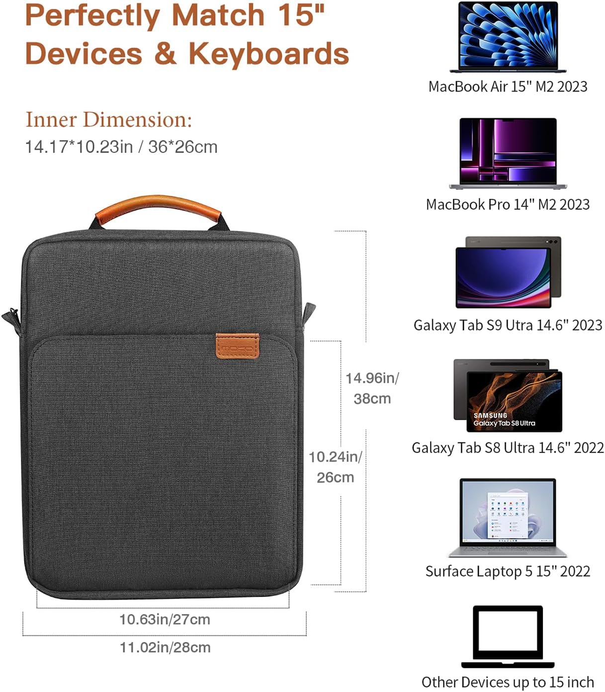 MoKo 13.3-14 Inch Laptop Sleeve Bag Fits MacBook Pro M3/M2 14" 2023, MacBook Pro 13" M2, New MacBook Air 13.6" M3/M2 2024/2022,Tab S8 Ultra 14.6",Handle Carrying Case with Shoulder Strap, Black & Gray - PuriLite