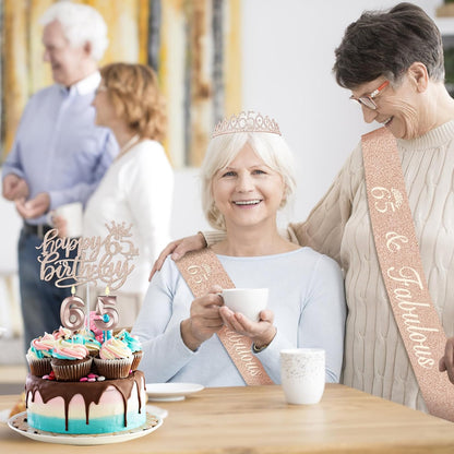 65th Birthday Decorations for Women, Including 65th Birthday Sash and Crown, Cake Topper and Candles, Number Balloons Rose Gold, 65 Year Old Gifts for Women