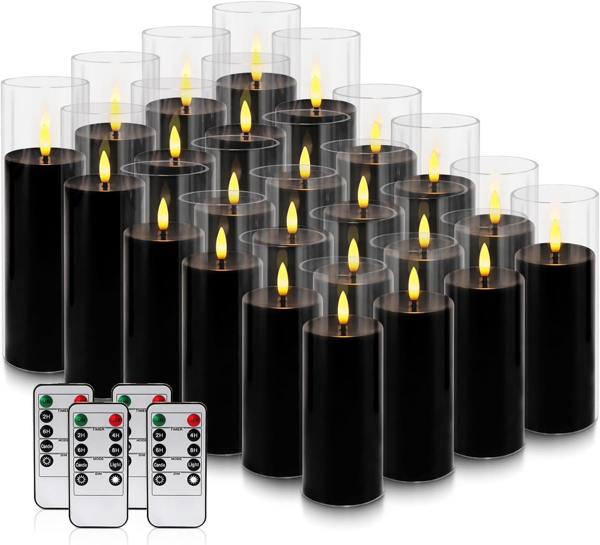 24-Pack Black Flameless LED Candles - Elegant Black Acrylic Pillar, Realistic Flickering Flame, Remote & Timer for Halloween, Gothic Decor, Weddings, Christmas & Home Decoration