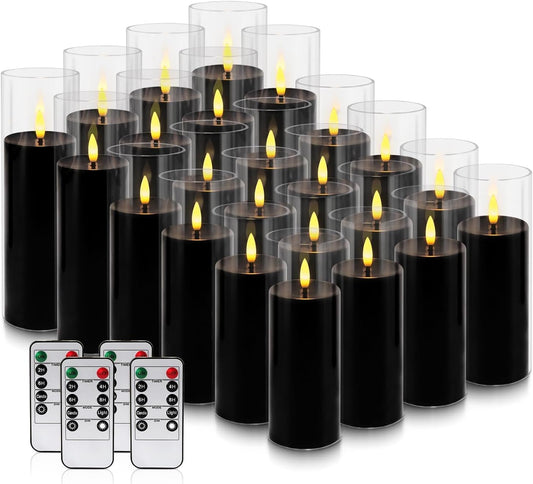 24-Pack Black Flameless LED Candles - Elegant Black Acrylic Pillar, Realistic Flickering Flame, Remote & Timer for Halloween, Gothic Decor, Weddings, Christmas & Home Decoration