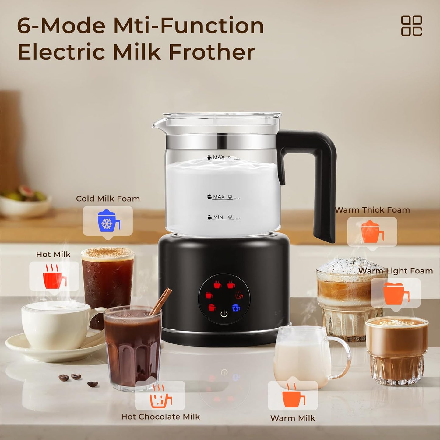 JXXM 6-IN-1 Milk Frother 600 Watts, 22 oz Split Stainless Steel, Hot and Cold Milk Frother for Latte, Macchiato, Cappuccino and Hot Chocolate, Black
