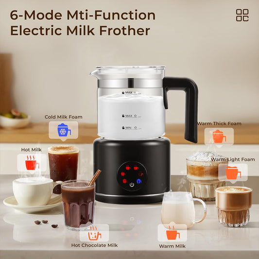 JXXM 6-IN-1 Milk Frother 600 Watts, 22 oz Split Stainless Steel, Hot and Cold Milk Frother for Latte, Macchiato, Cappuccino and Hot Chocolate, Black - PuriLite