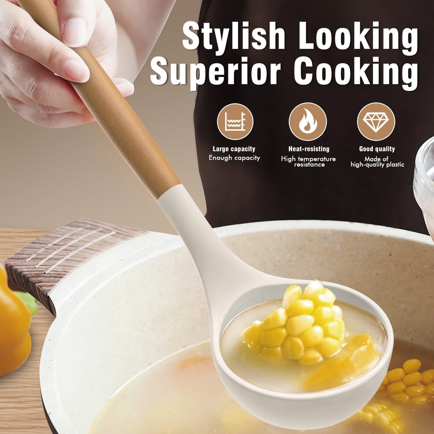 Silicone Cooking Utensils Set - Silicone Kitchen Utensils for Cooking Wooden Handles, 446°F Heat Resistant Kitchen Utensil Spatula Sets w Holder, Gadgets for Non-Stick Cookware BPA Free (Black)