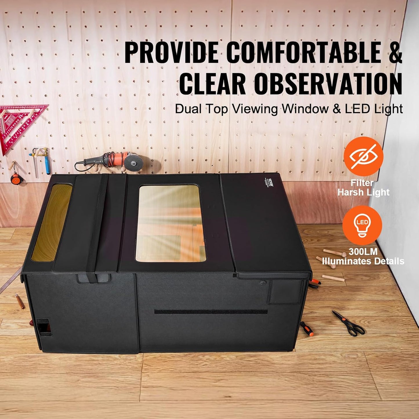 VEVOR Laser Engraver Enclosure, 31.5 x 31.5 x 19.6", Dual-Direction Viewing, Flame Retardant and Fireproof Protective Cover, with Exhaust Fan and Pipe, Insulates Smoke, Noise and Eye Protection