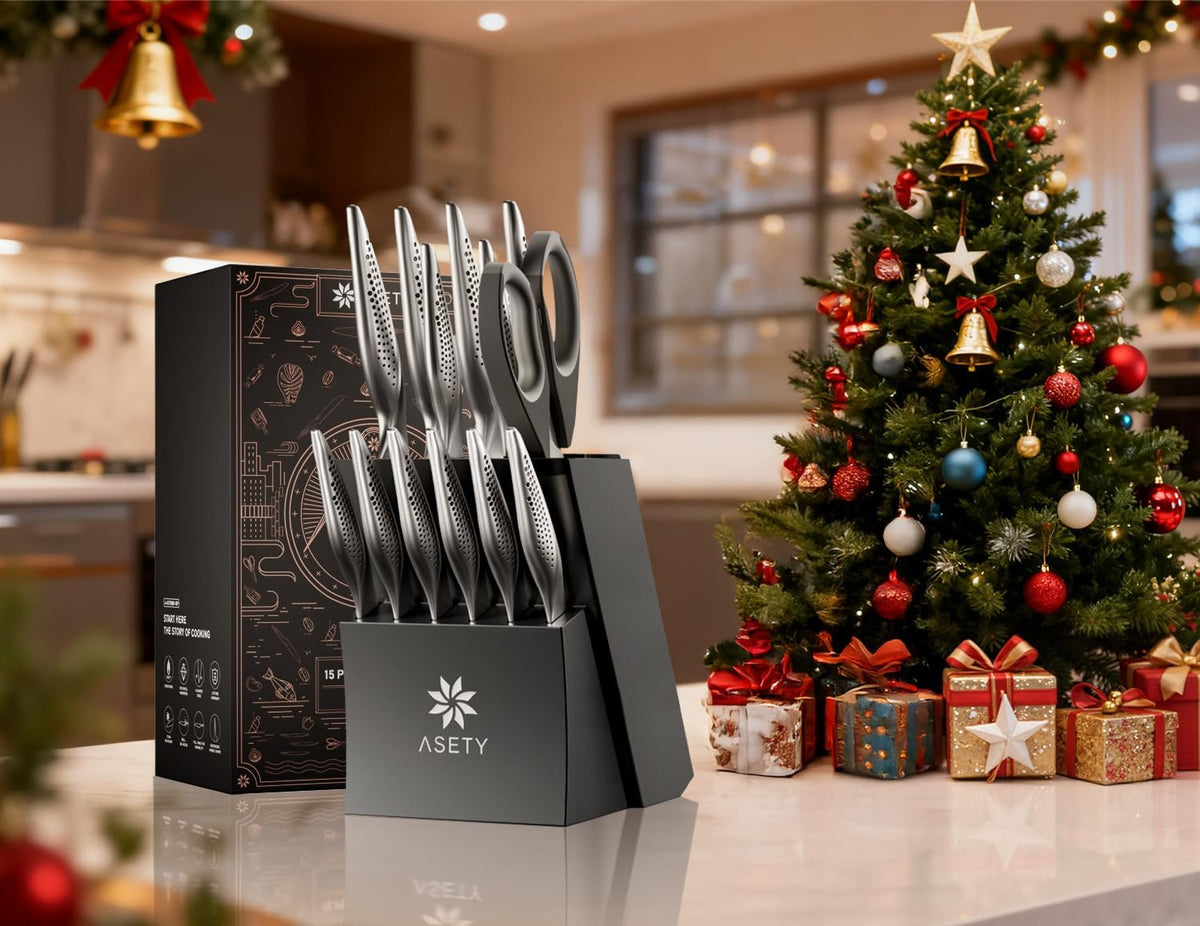 ASETY Knife Block Set, 15 PCS Knives Set for Kitchen, Stainless Steel