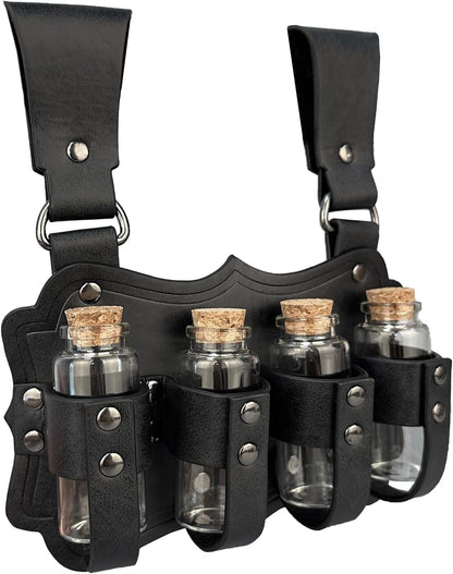 HiiFeuer Medieval Embossed Alchemy Faux Leather Buckle Belt with 4 Cork Vials, Fantasy Wizard Potion Bottles Belt