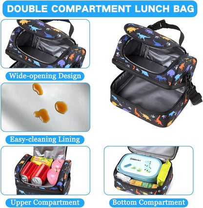 VASCHY Lunch Box Bag Men, Insulated Two Compartments Bento Cooler Bags for Adults/Women/Kids for School,Daycare,Kindergarten,Picnic Black