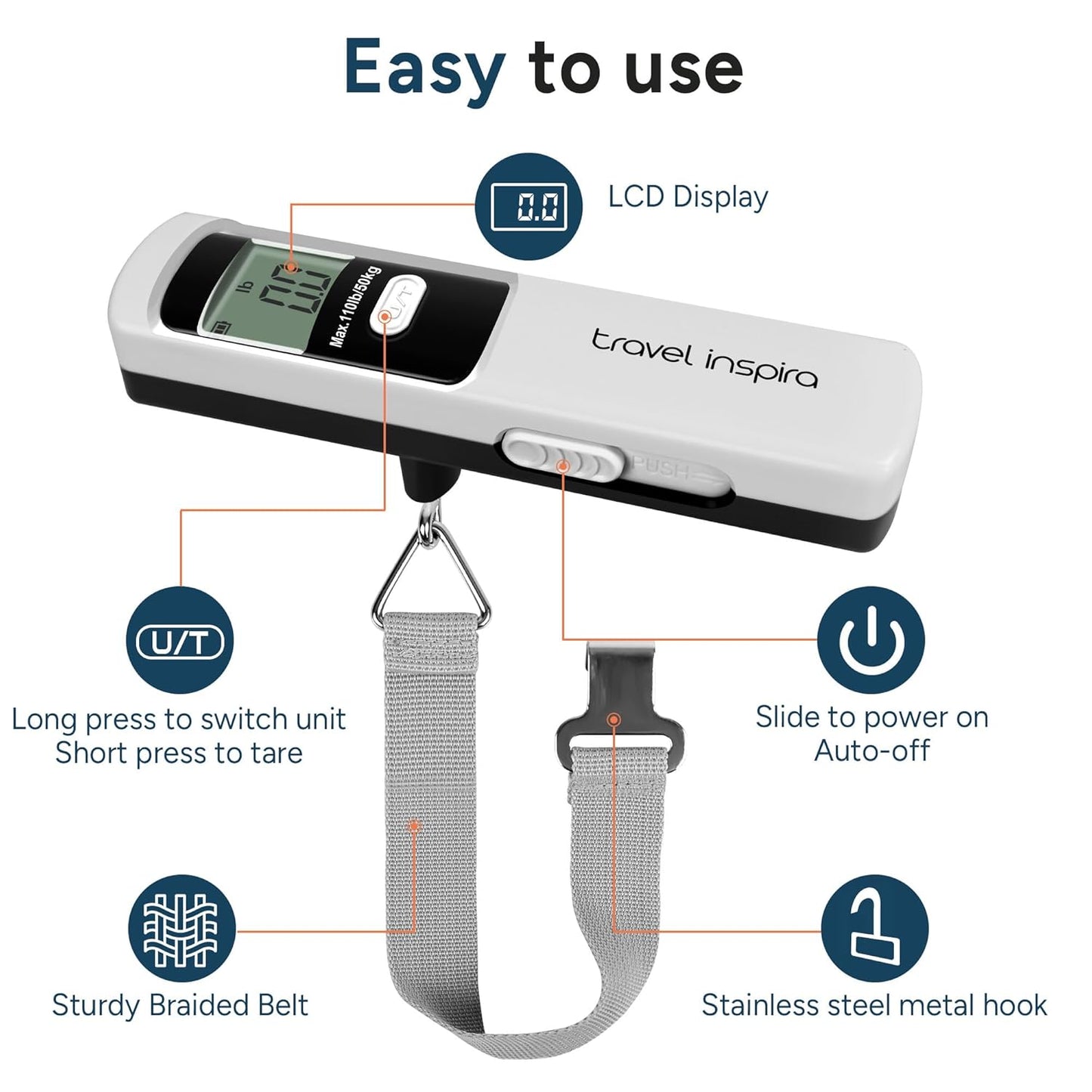 travel inspira Luggage Scale Battery-Free, Travel Essentials, Portable Handheld Digital Suitcase Weight Scale for for Travel Accessories, 110lbs/50kg