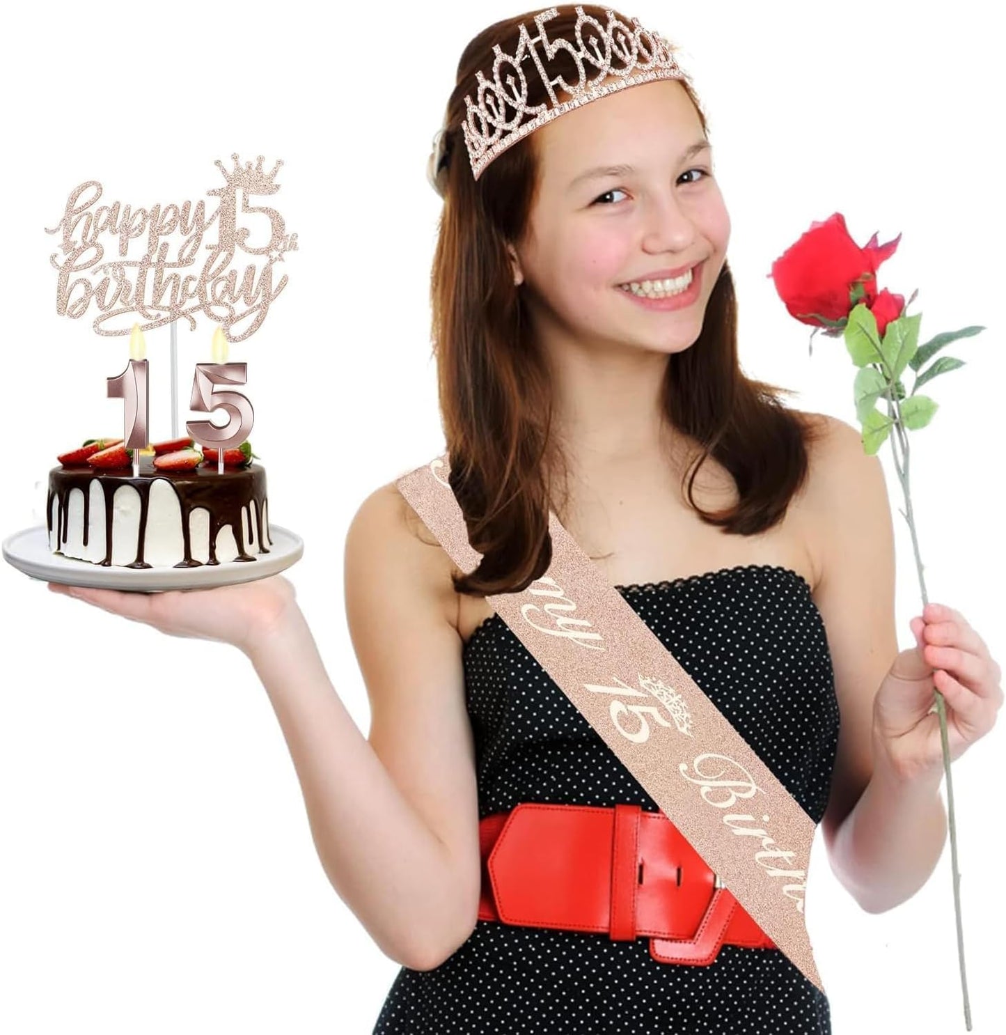 65th Birthday Decorations for Women, Including 65th Birthday Sash and Crown, Cake Topper and Candles, Number Balloons Rose Gold, 65 Year Old Gifts for Women