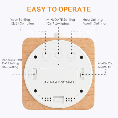 Plumeet Wooden Digital Alarm Clock for Bedrooms, Wood 4'' Battery Powered Alarm Clock with Snooze and Nightlight, Electronic LCD Desk Clock Display Time, Date, Temp, 12/24H, Wood Décor (Sapele, 3.2'')