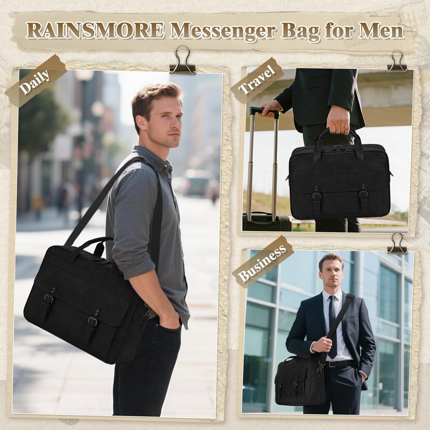 RAINSMORE Messenger Bag for Men 16 Inch Laptop Bag Vintage Leather Waterproof Laptop Briefcases Large Computer Satchel Bag - PuriLite