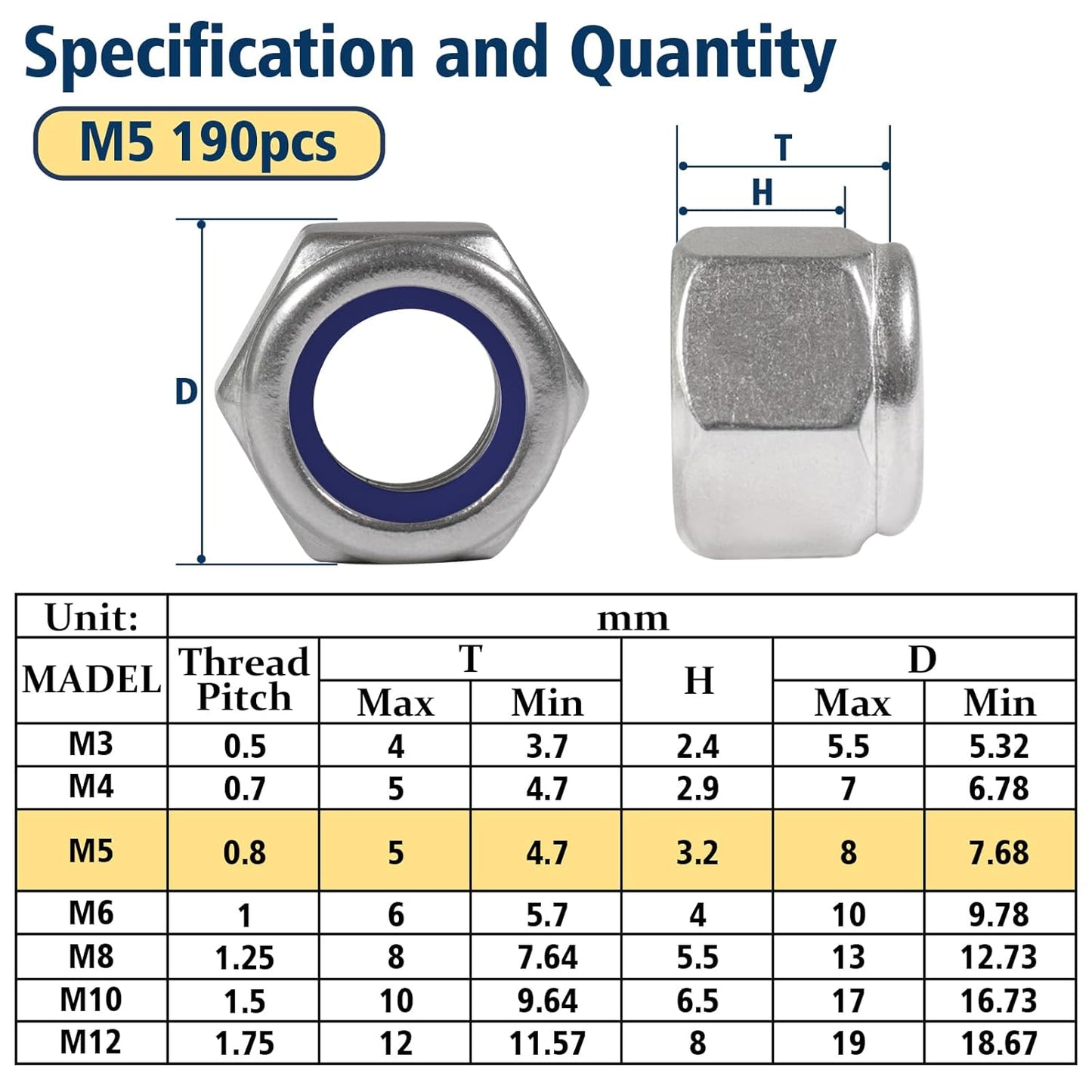 Vifmy 110 Pack 1/4"-20 Inch Lock Nuts,304 (A2-70) Stainless Steel Nylon Insert Locknuts,Standard Inch Thread Nylock Nuts for Bolts