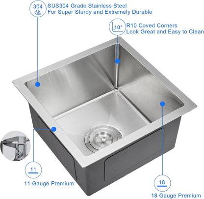 MENATT 20-inch Undermount Kitchen Sink, SUS304 Stainless Steel Handmade Single Bowl Kitchen Sink with Sink Strainer (Brushed), 20"x16"x9"