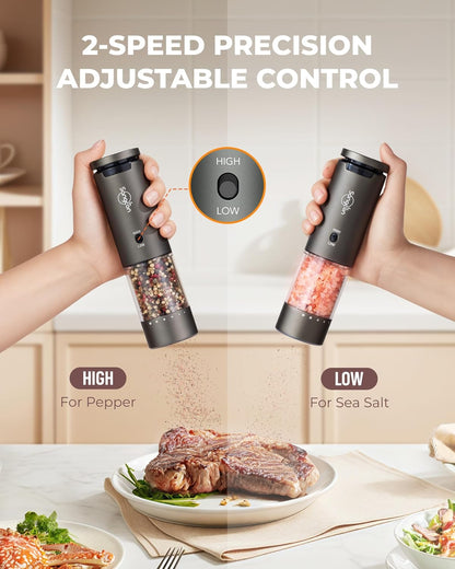 Sangcon 2-Speed Rechargeable Electric Salt and Pepper Grinder Set, 6 External Adjustable Coarseness Levels, Automatic Salt & Pepper Mill Shakers Set with Storage Base, One-Handed Operation, Silver