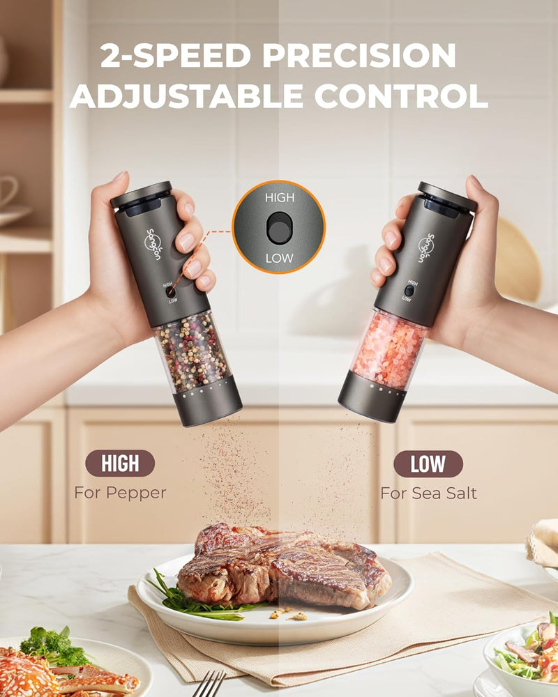 Sangcon 2-Speed Rechargeable Electric Salt and Pepper Grinder Set, 6 External Adjustable Coarseness Levels, Automatic Salt & Pepper Mill Shakers Set with Storage Base, One-Handed Operation, Silver