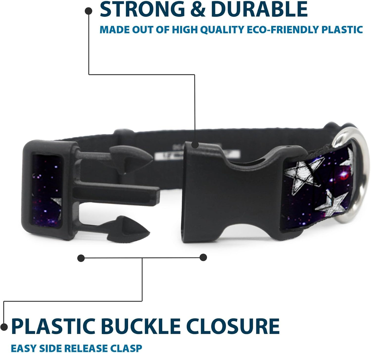 Buckle-Down PC-W21909-M Dog Collar Plastic Clip Buckle, 1"x11"-17", Star Black/White