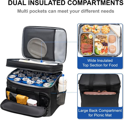 EVERFUN Cooler Bag Insulated Beach Cooler Lunch Bag Box for Men Women Dual Compartments Collapsible Waterproof Leak-Proof for Travel Work Picnic
